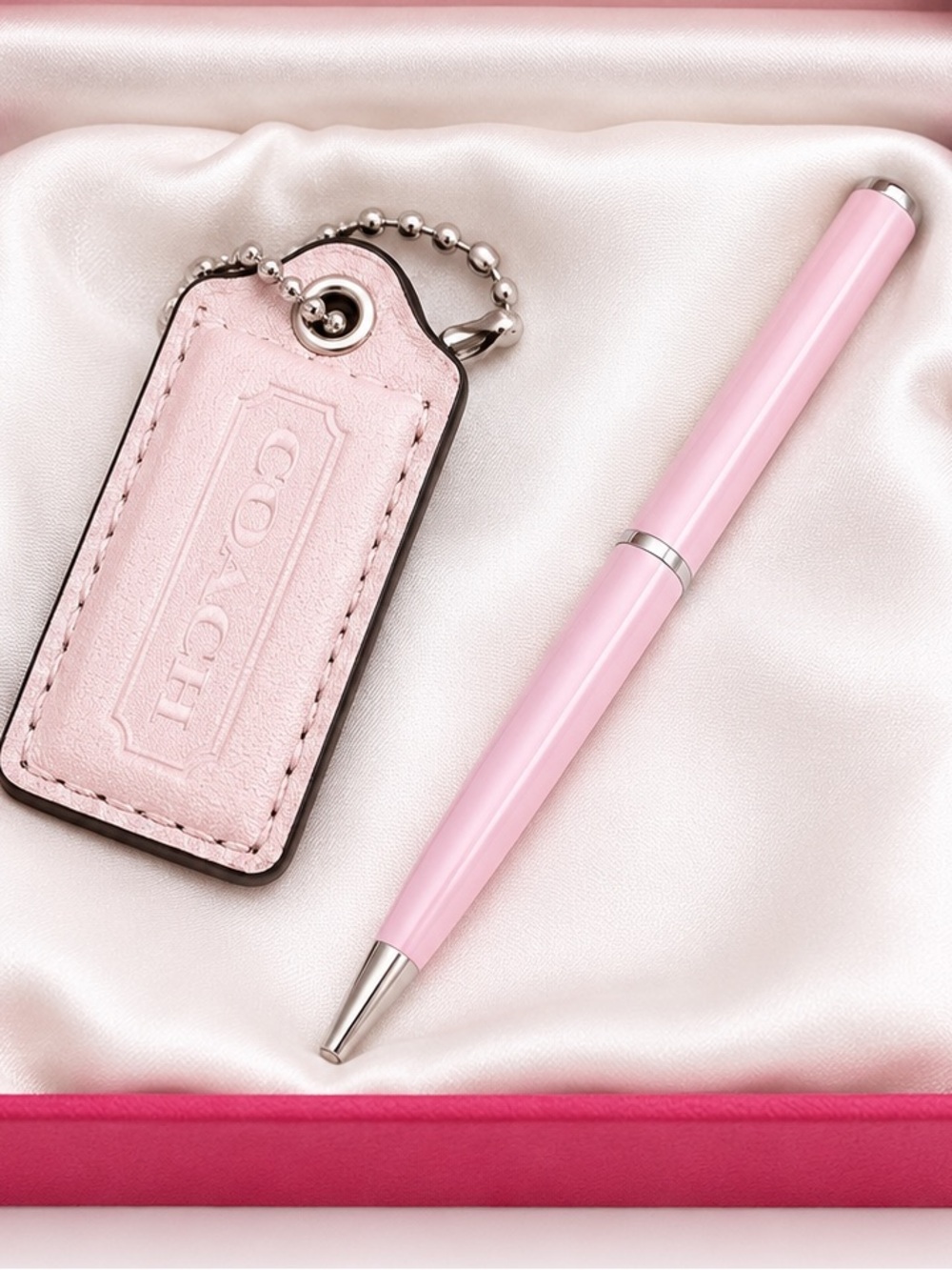 Coach Pink Leather Key Tag with Pink Coach mini Pen